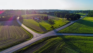 Aerial view of a simple rural intersection in United States